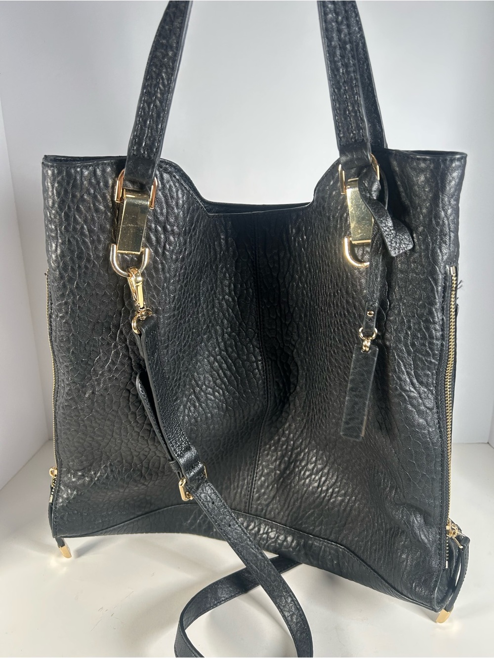 Vince Camuto Black Pebbled Leather Tote with Gold Hardware